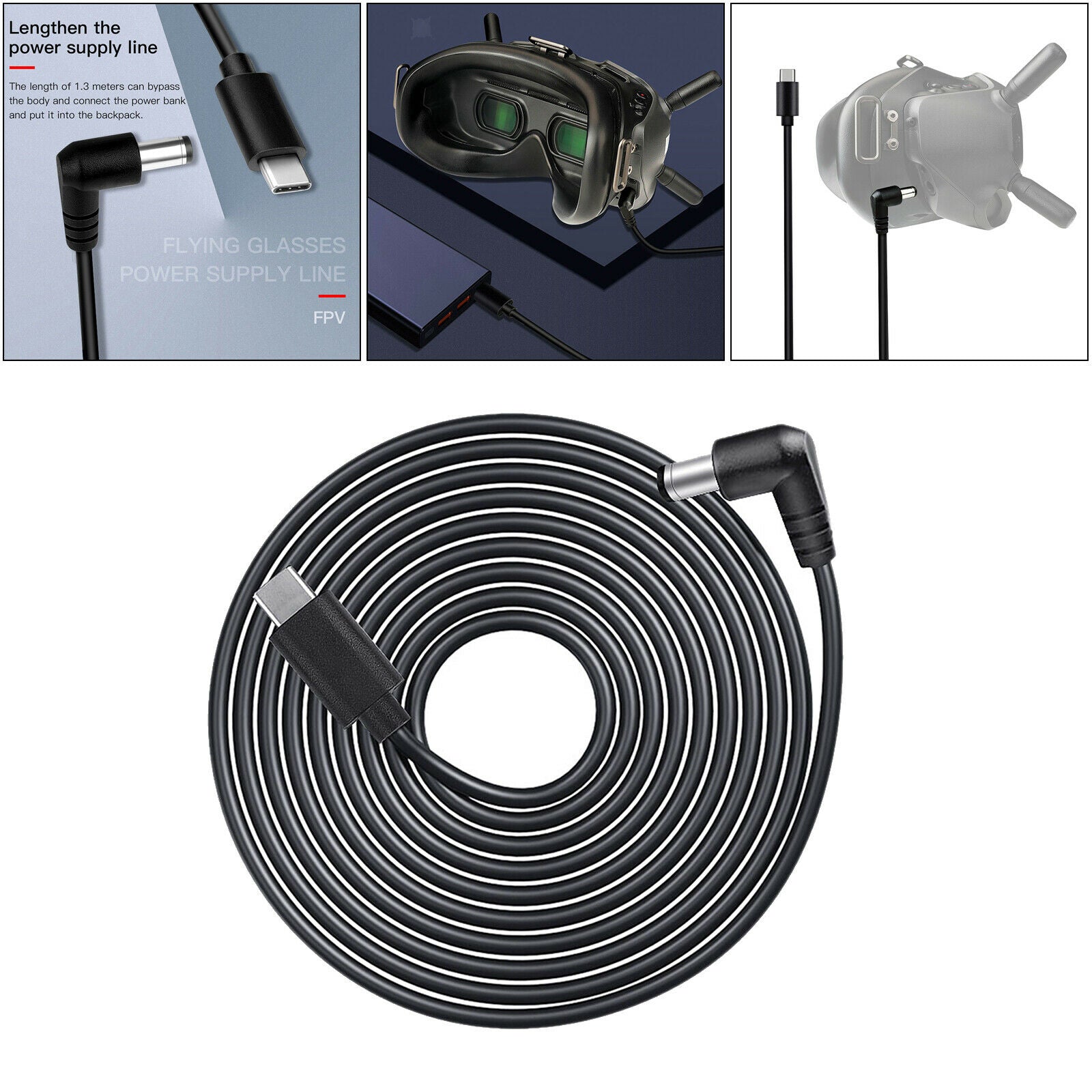 130cm Power Supply Cable Wire Cord PD Port for DJI PFV Digital Goggles Black
