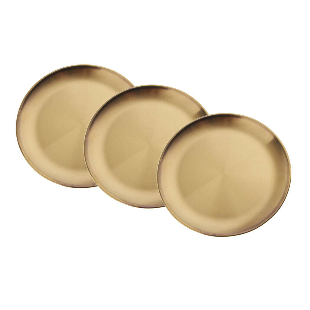 3 Pieces Stainless Steel Dinner Plate Round Golden Dish Tableware 9" in Dia