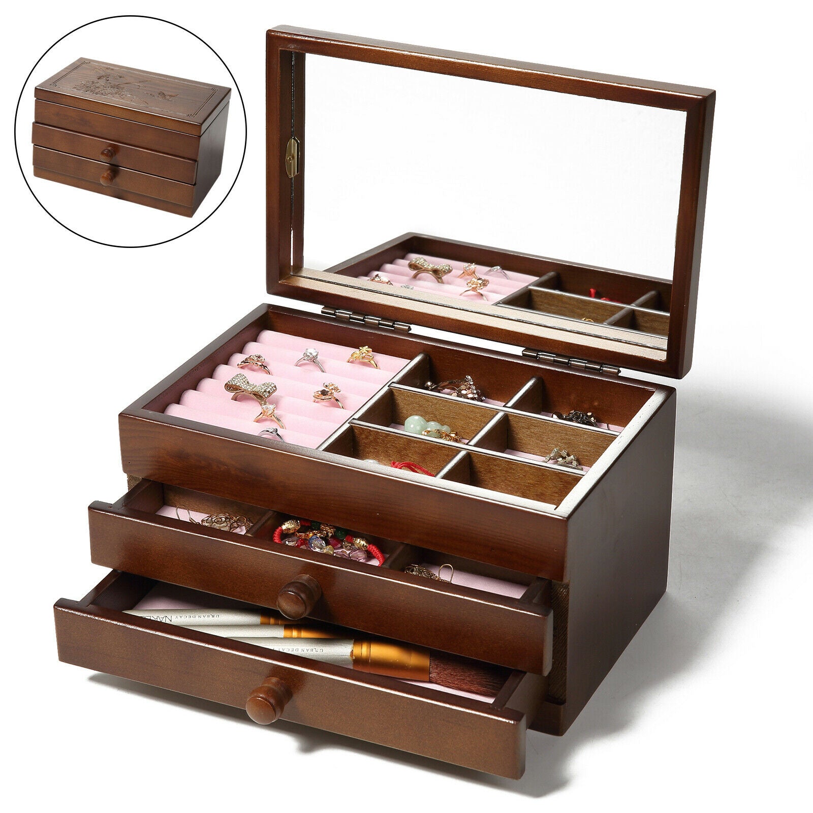 Wooden Jewelry Box Earrings Organizer Case with Mirror & Drawer for Women