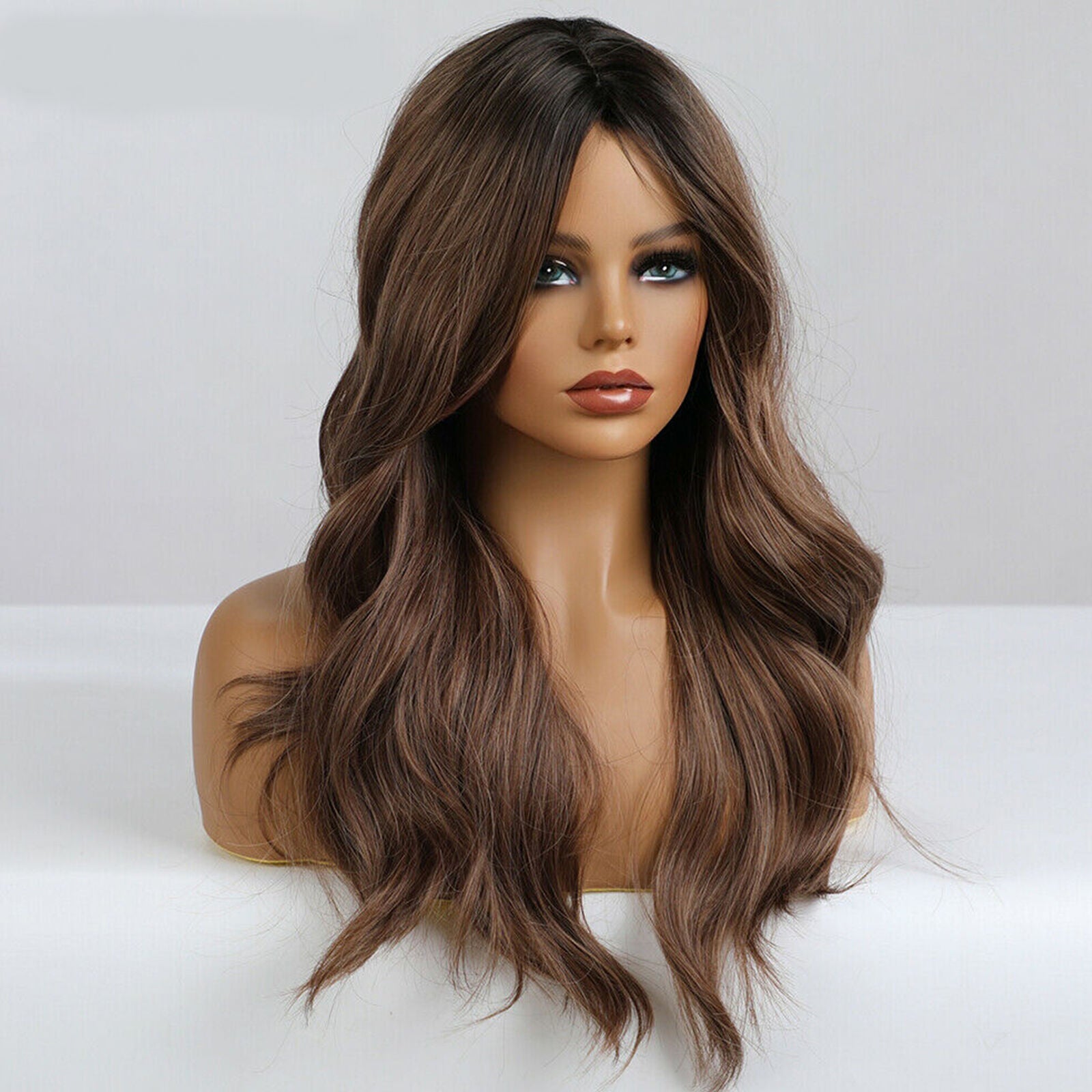 Natural Wavy Hair Wigs with Long Bangs for Women Daily Ombre Dark Brown 24 In