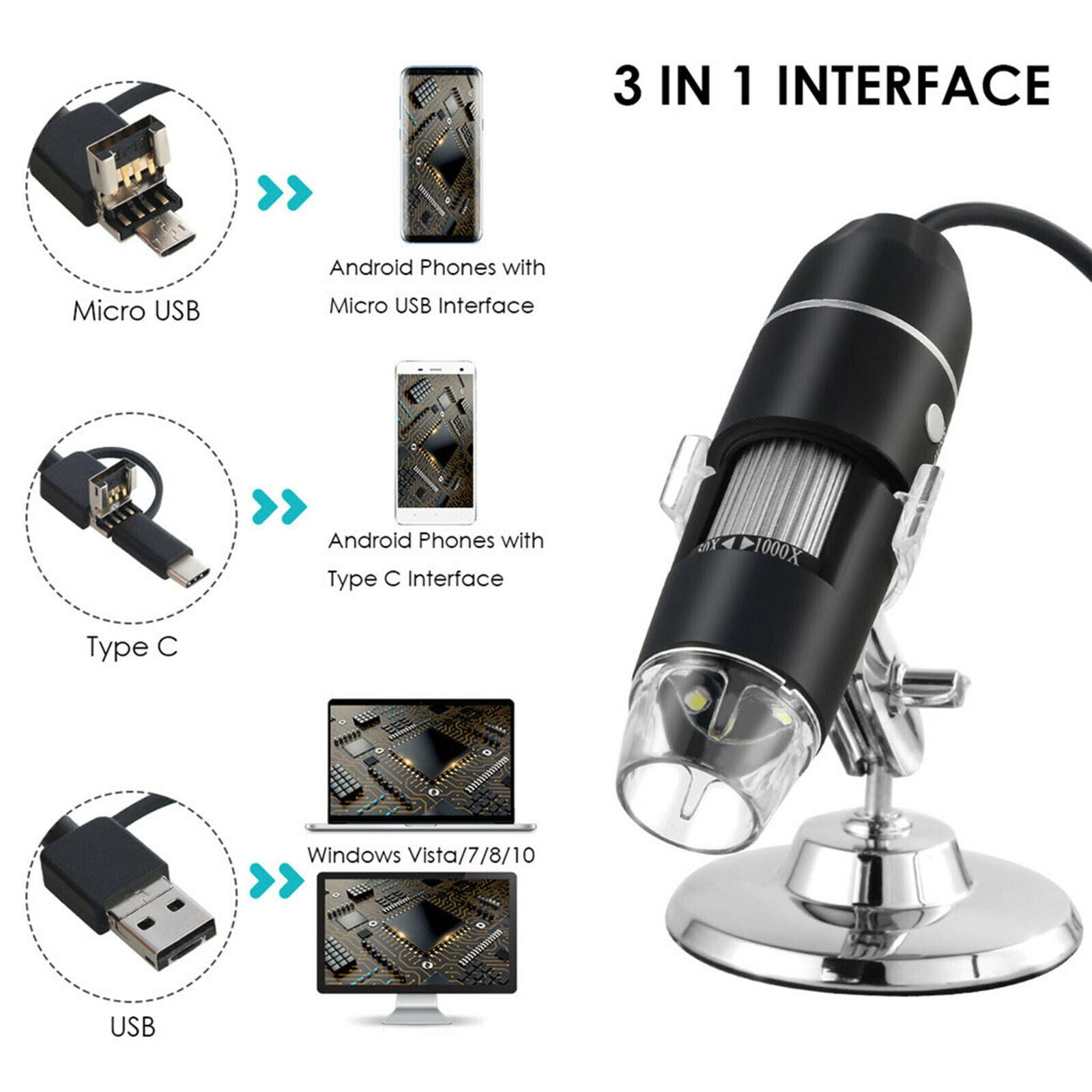 USB Magnification Microscope Digital with 8 LED 3 in 1 Adjustable Magnifier
