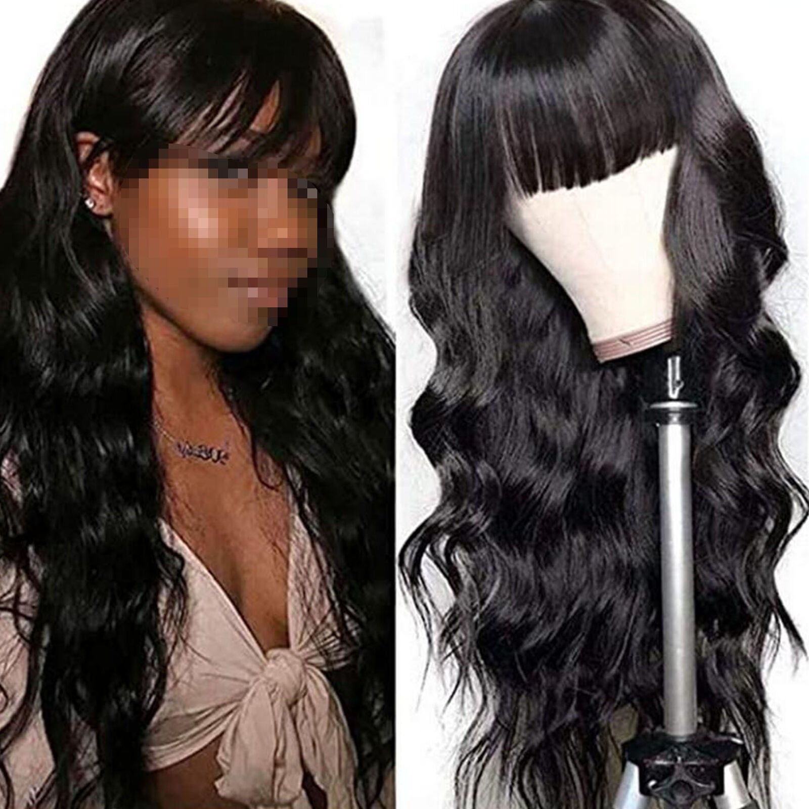 Full Neat Bangs Synthetic Hair Wigs Long Body Wave Heat Resistant Black Women