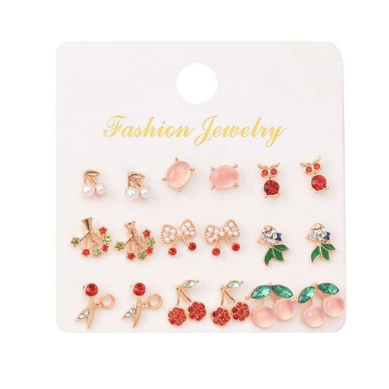 Cute Earrings Stud Alloy 18 Pcs/9 Pairs Assorted Style Scissor Cherry Shaped Ins