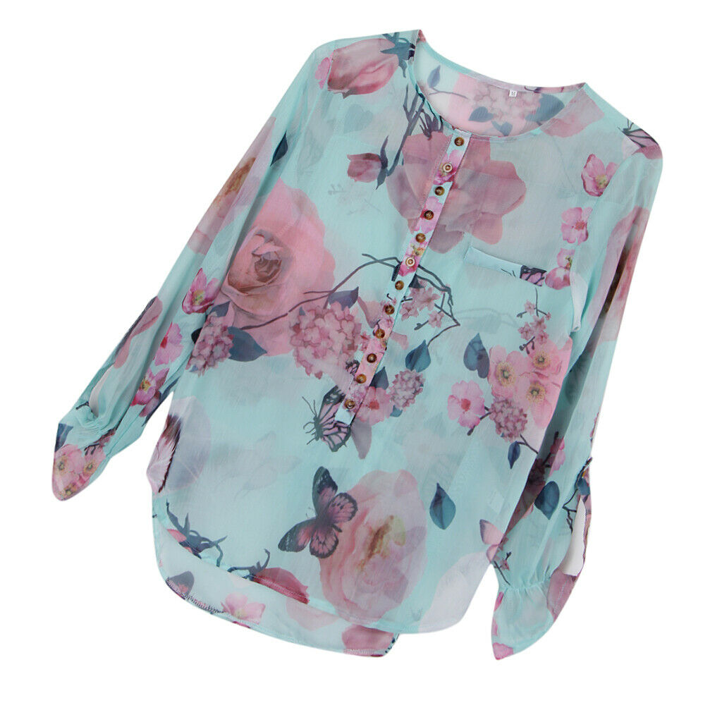 Plus Size Women Floral Butterfly Beach Button T-Shirt Chiffon Top 2XL Green