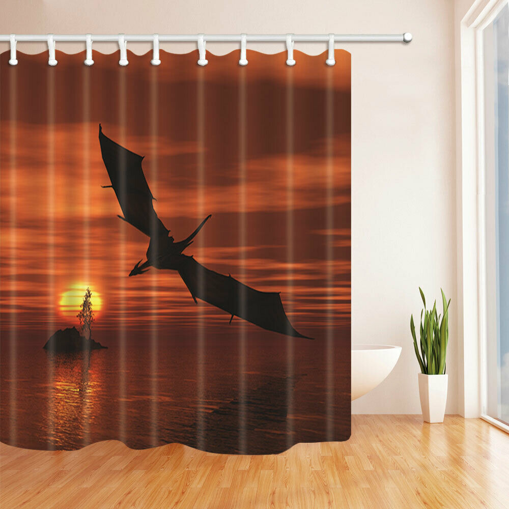Norse Mythology Flying Dragon Fabric Bathroom Shower Curtains & Hooks 71In