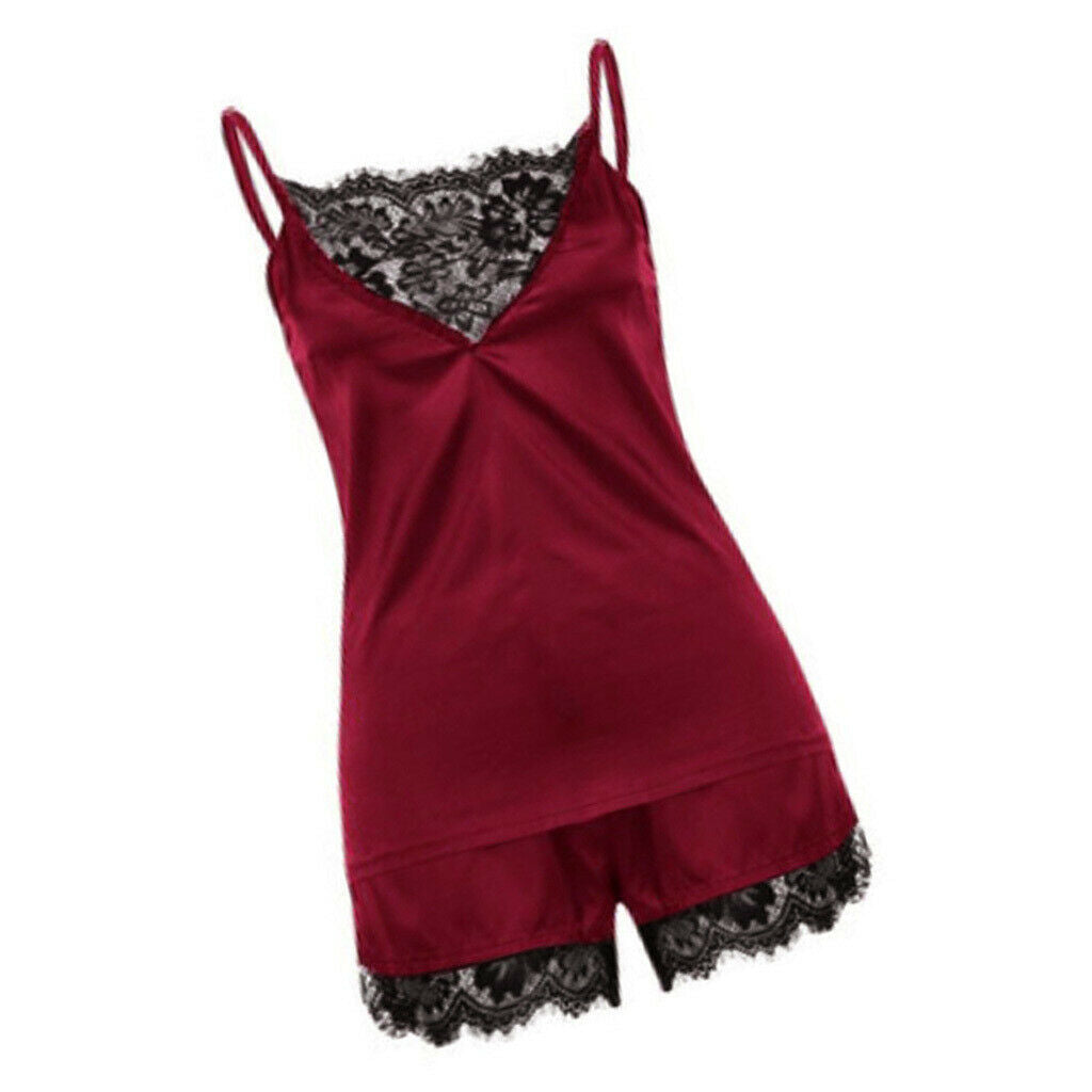 Wine Red Women's Lace Satin Sleepwear Cami Top and Shorts Pajama  M