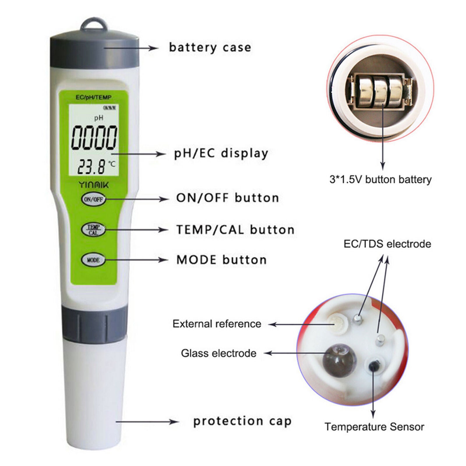 3 in 1 Water Quality Tester Monitor Portable Pen Type pH & EC & TEMP Meter