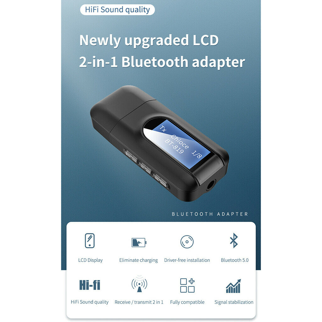 USB Bluetooth 5.0 Audio Transmitter Receiver with LCD Display Adapter,3.5MM