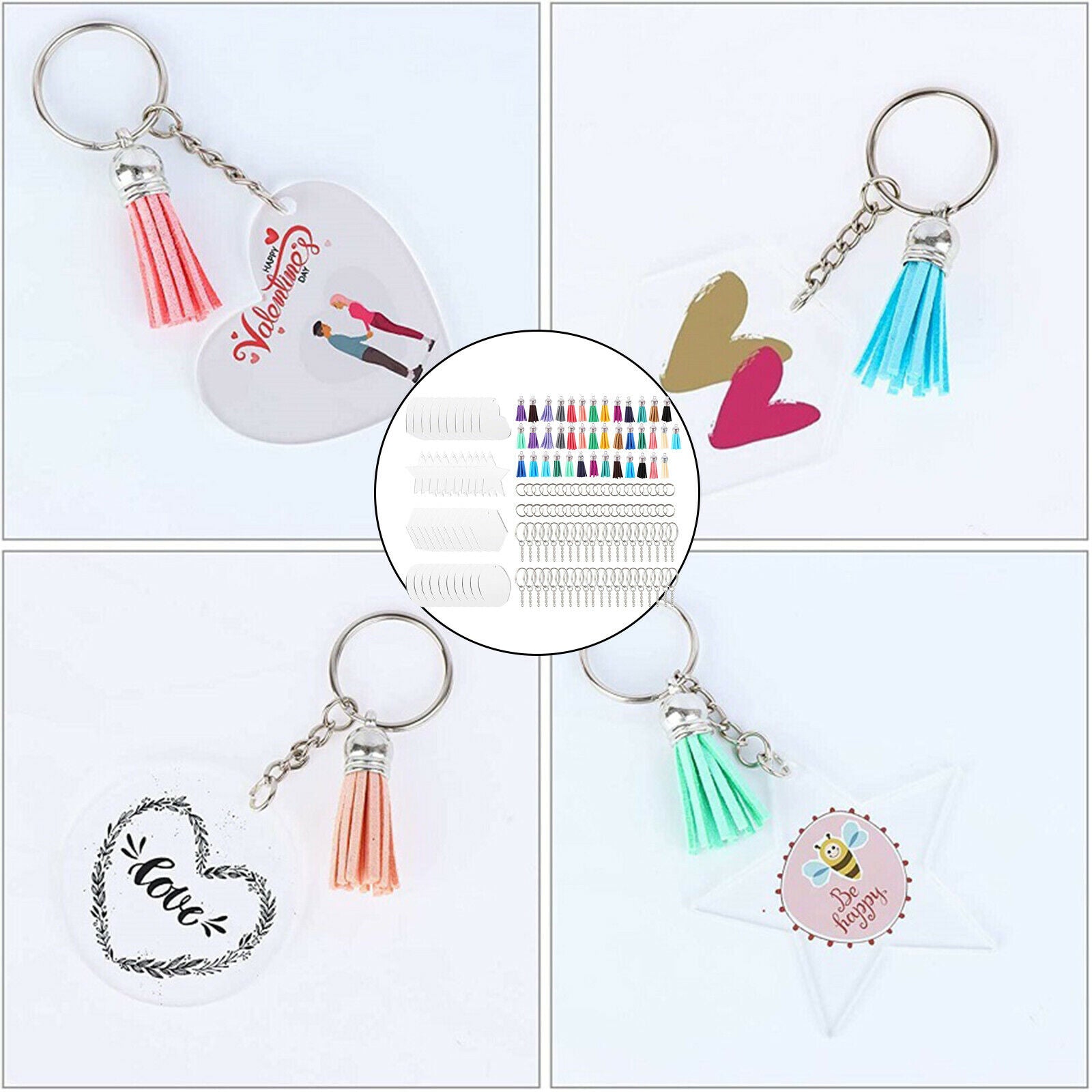 Keychain Blanks Transparent Acrylic Clear Discs Tassel Pendant Kit for DIY
