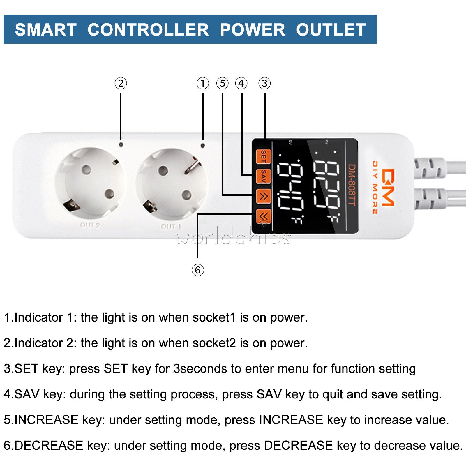 DM-808TT AC 85-250V Dual Smart Temperature Controller Power Outlet Socket 10A