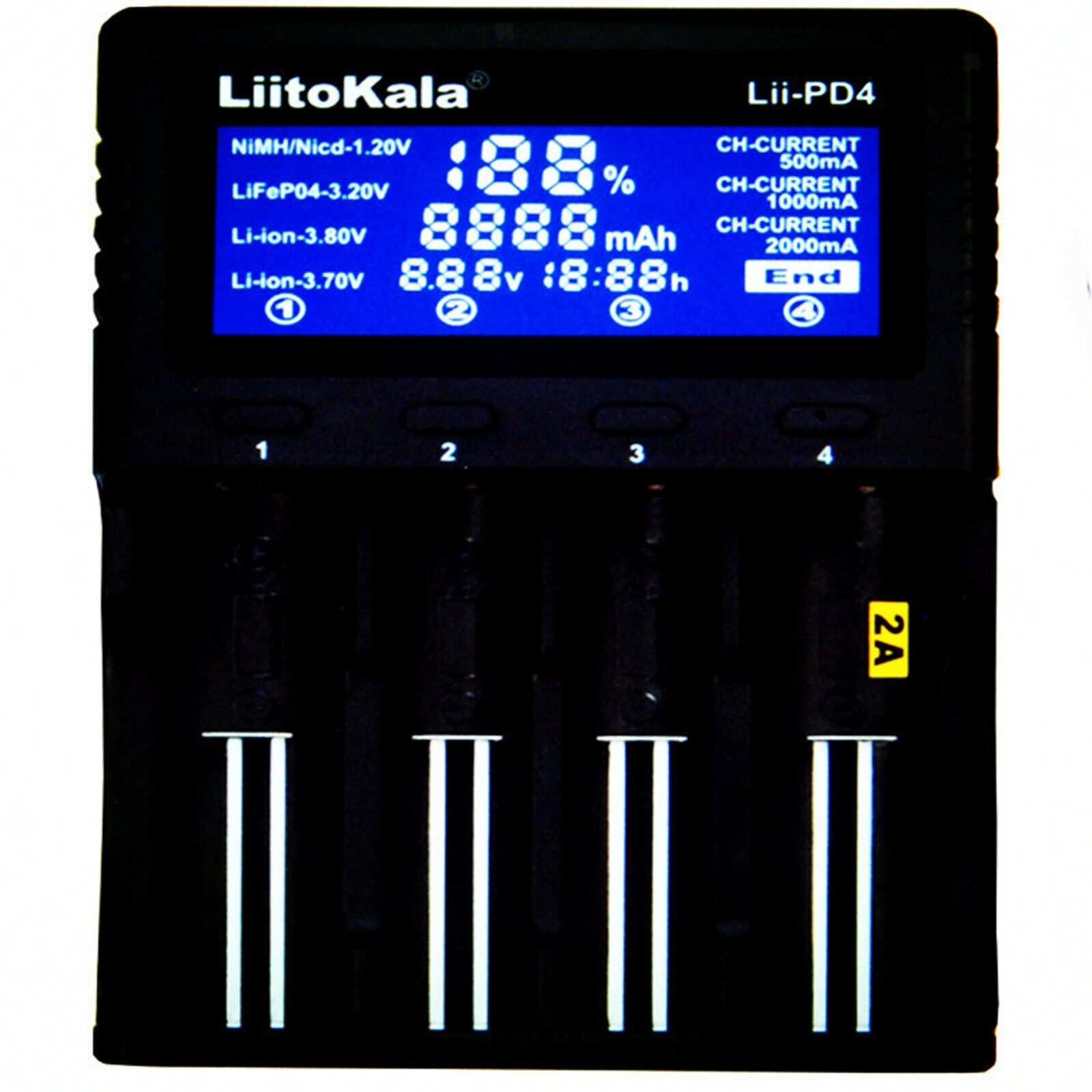 Lii-PD4 4 Slots Smart Lithium Nimh Battery Charger for 26650/21700 Premium