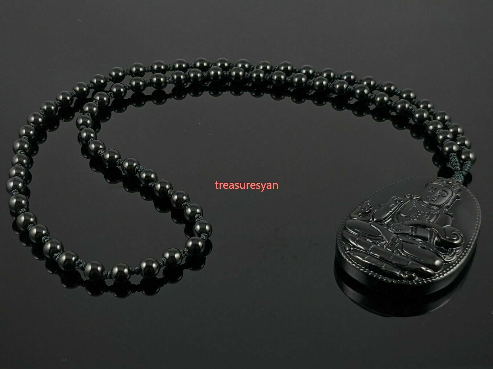 Natural Black Obsidian Guan Yin Pendant with Woven Necklace