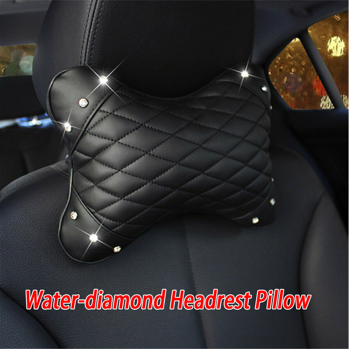 Mosaic water-diamond Car Headrest Pillow PU Leather Stretch pillow for Women