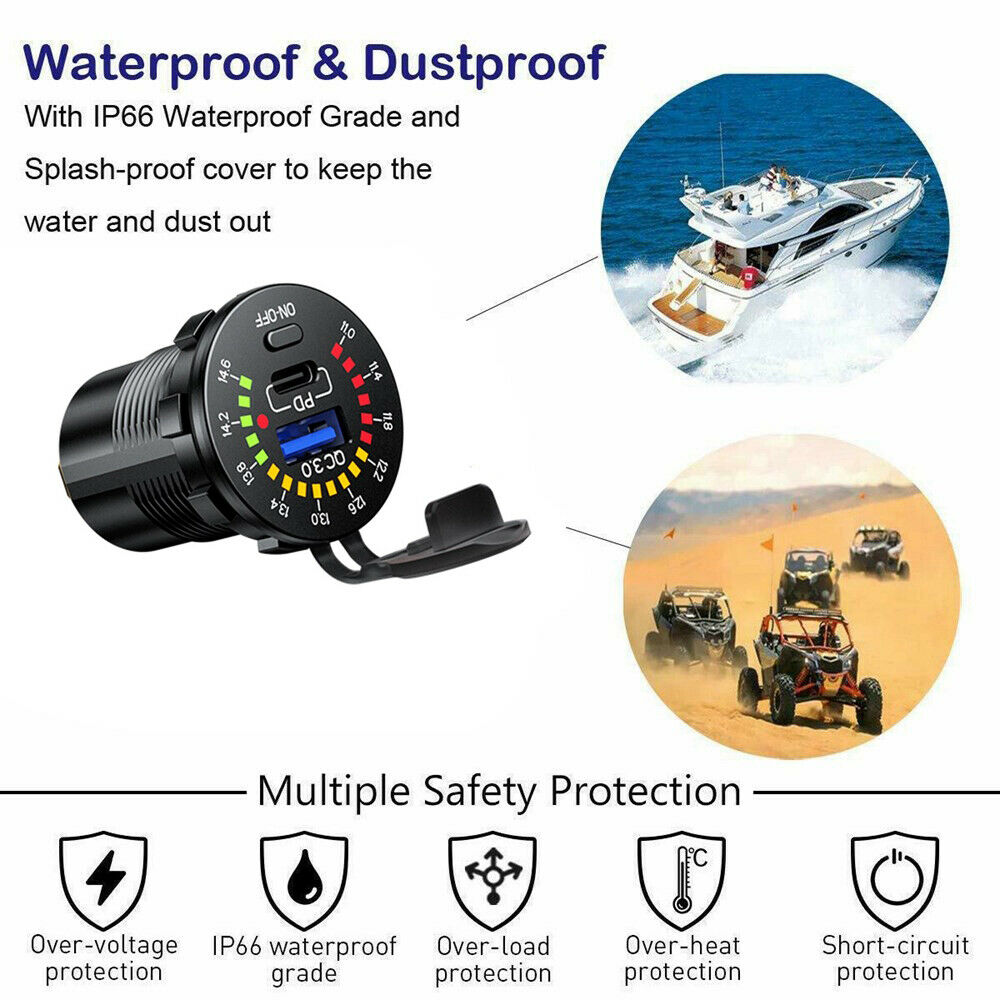 QC3.0 + PD Car Boat Charger Socket Power Outlet LED Voltmeter Waterproof