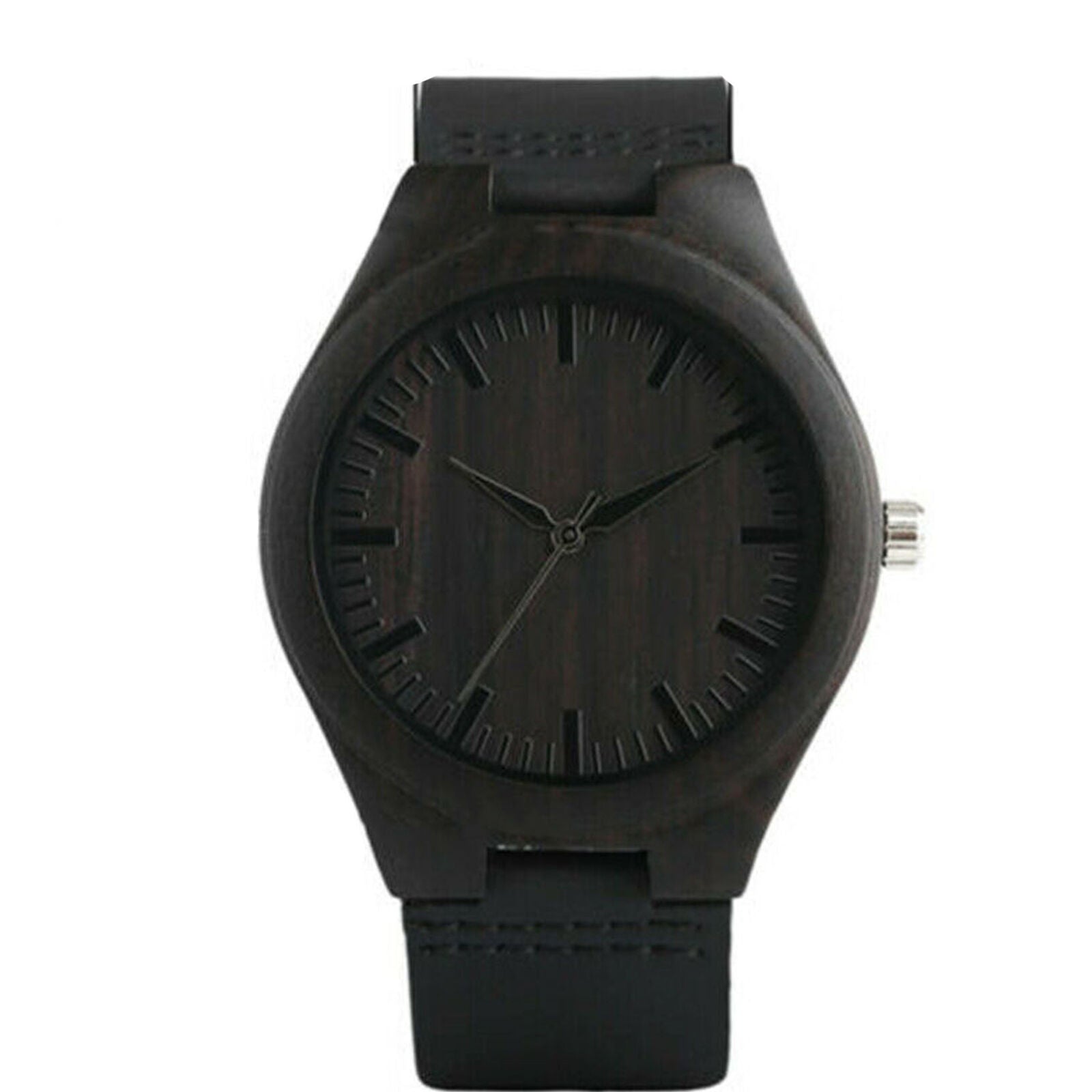 Men's Wood Leather Band Bamboo Quartz Watch Casual Women Sport Wrist Strap Black