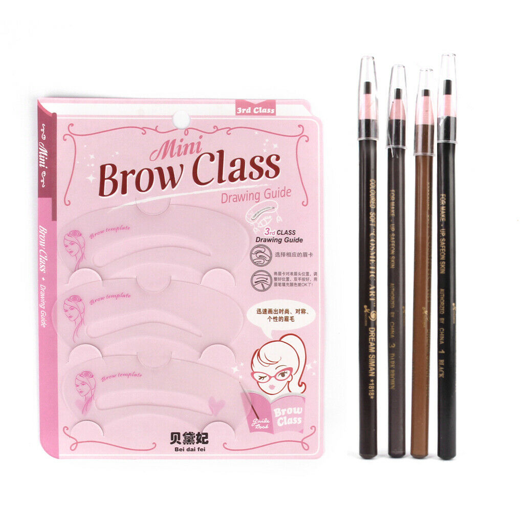 New 3-Style Eyebrow Stencils Shaping Cards + 4pcs Brow Makeup Pencils Set + 1pcs