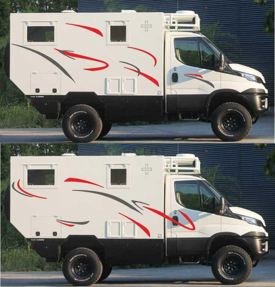1 Set of Car RV Camper Stripe Graphic Vinyl Stickers Red + Gray Waterproof