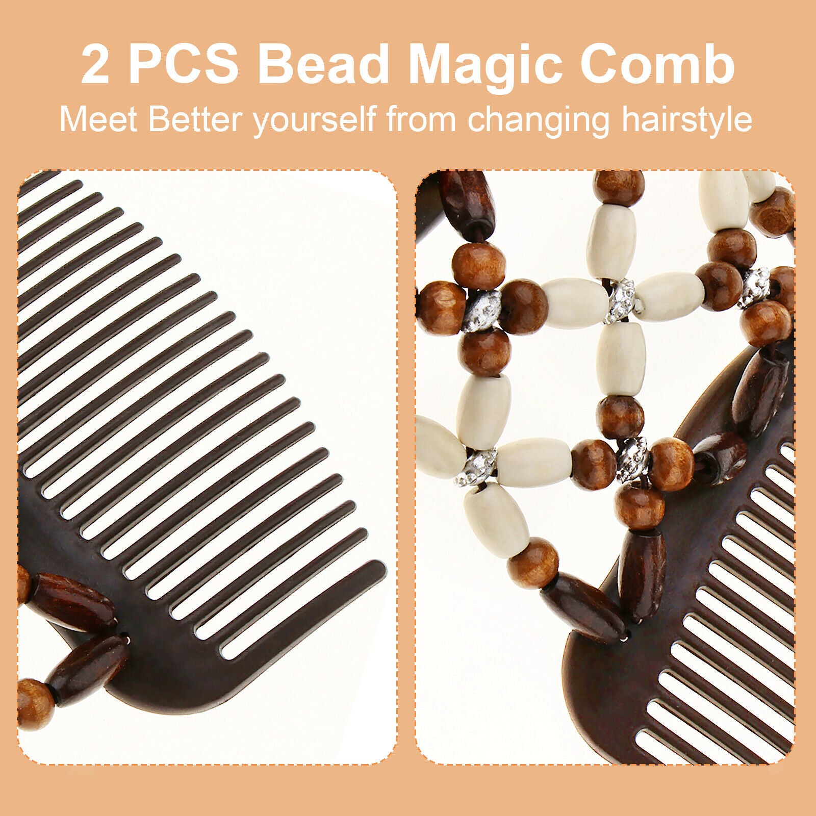 2 Pieces Double Hair Comb Clip, Magic Wood Beads Combs, Stretchy Hair Bun Beauty