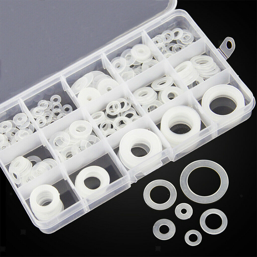 250Pcs White Nylon Washer Flat Washer Gasket Ring Seals Kit w/ Storage Box