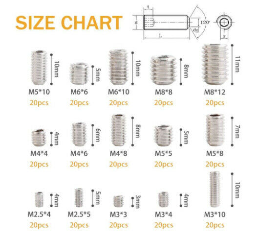 300Pcs Combination Flat Head Hexagon Socket Machine Screw 304 Stainless Steel
