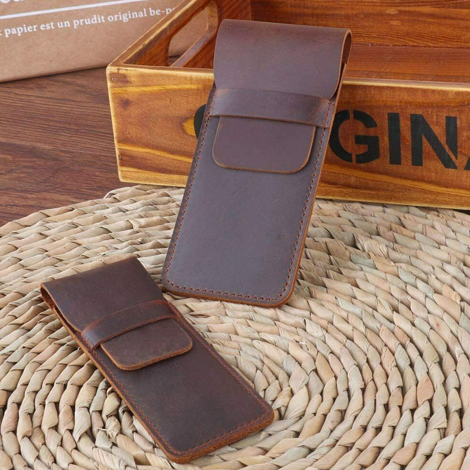 Brown Soft Leather Pencil Fountain Pen Storage Case Pens Pouch Bag Holder