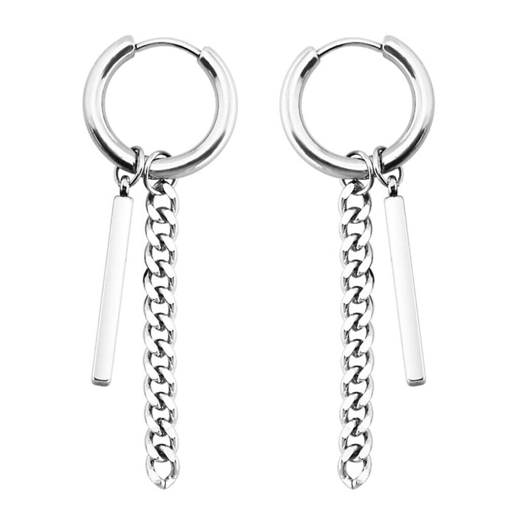 Prettyia Stainless Steel Hip Hop Bar Long Chain Dangle Earrings Tassel Studs