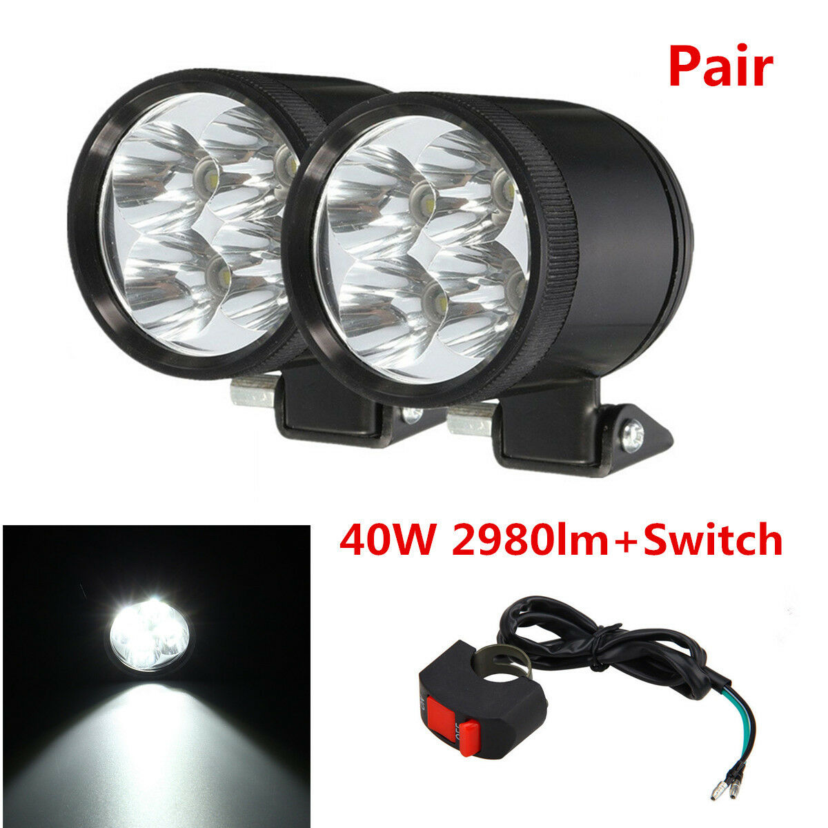Pair 40W 2980LM Motorcycle Headlight LED Spot Driving Fog Light Work Lamp+Switch