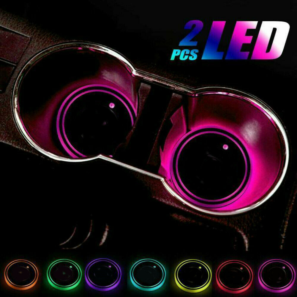 2Pcs Colorful LED Car Cup Holder Pad Mat for Car Interior Atmosphere Lamp Lights
