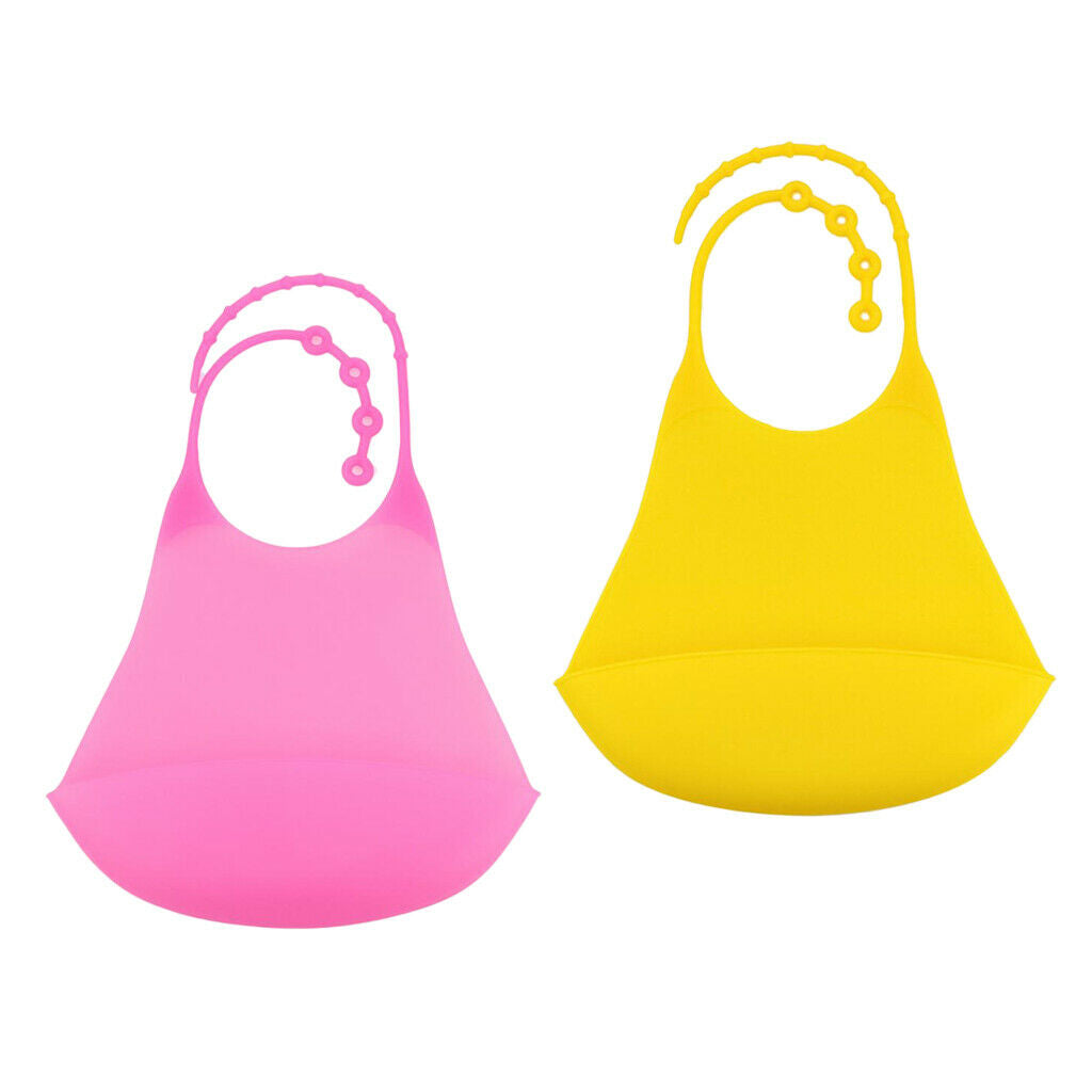 2Pcs Adults Silicone Bib Reusable Clothing Protector Waterproof Pink+Yellow