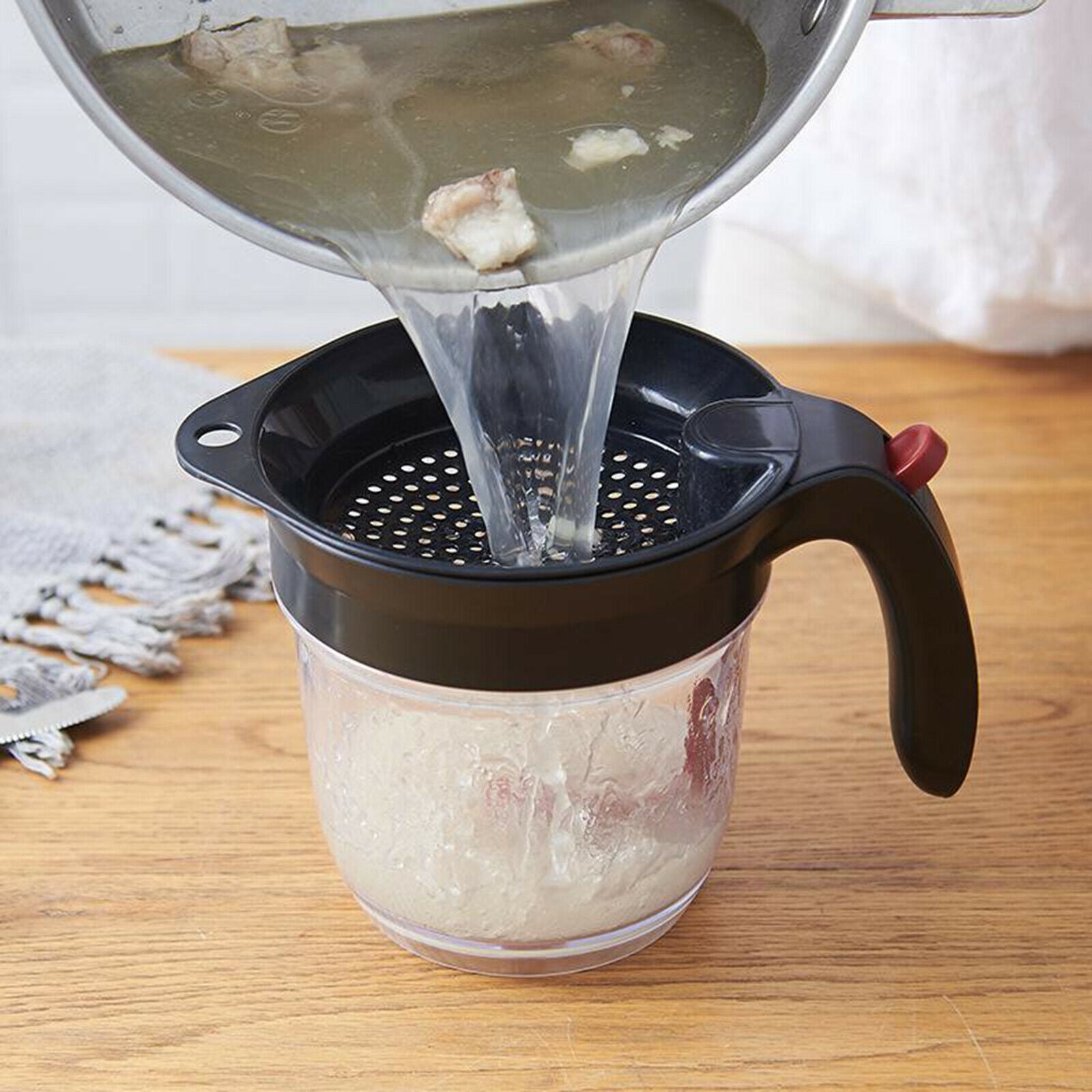 1L Oil Filter Pot Soup Cooking Grease Strainer Separator Kitchen