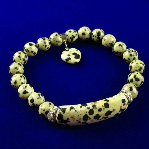 Natural Dalmation Jasper Ball Oblong Heart Rhinestone Stretchy Bracelet 7.5 "