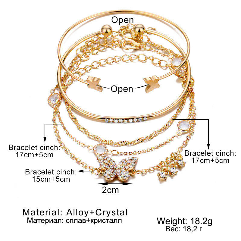 5PC New Bohemian Elegance Open Bracelets Rhinestone Butterfly Bracelet Gi.l8