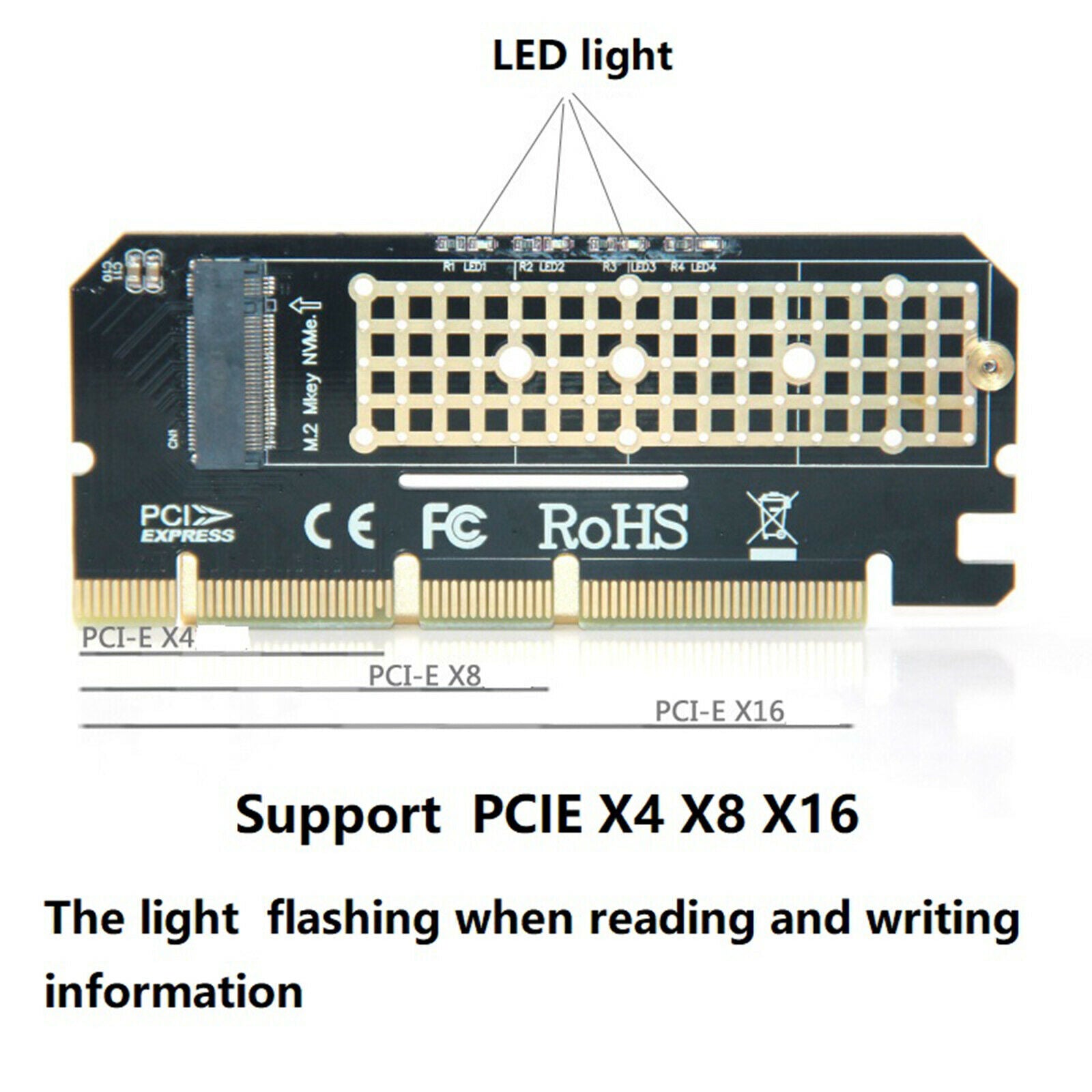 M.2 NVMe Adapter PCI-e x4x8x16 With Aluminum Heat Sink for M.2 M Key 2280 2260