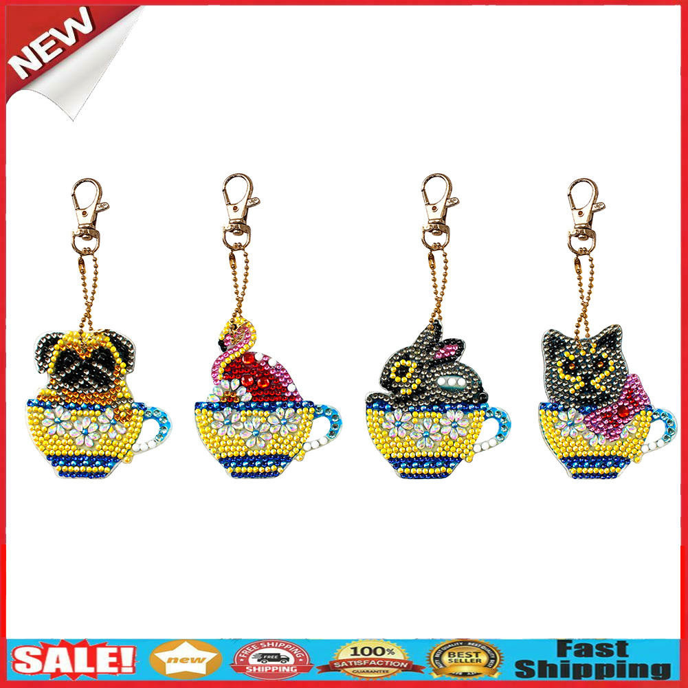 4x DIY Diamond Painting Keychains Cup Animal Embroidery Needlework Keyrings @