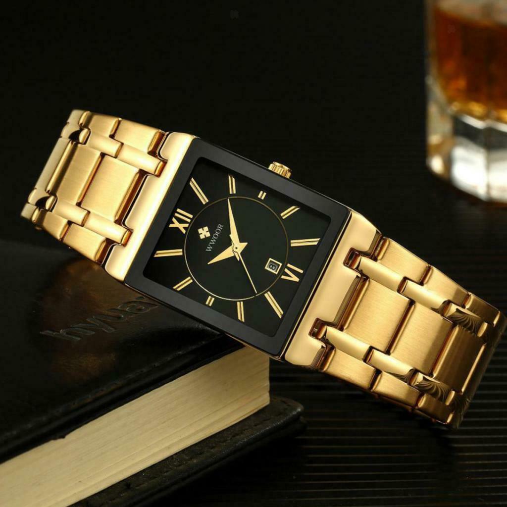 Mens Fashion Watch Rectangular Dial Analog Quartz Wristwatch Golden+Black