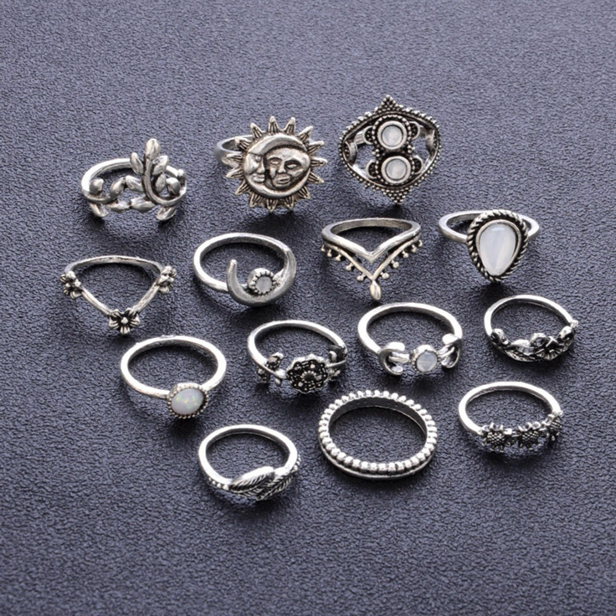 14 Pcs/set Boho Moon&Sun Knuckle Opal Rings Set Leaf Flower Midi Rings Jewelry