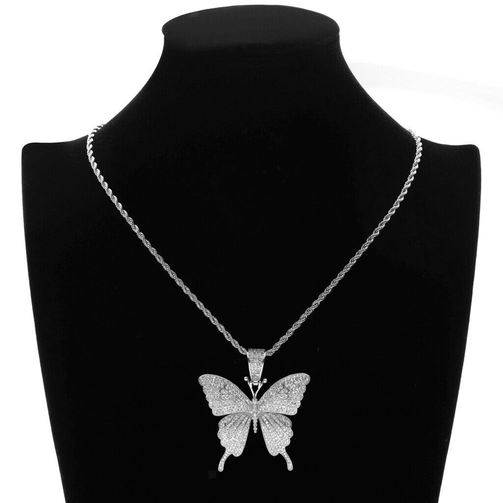 2x Charm Jewelry Zircon Butterfly Pendants Necklace Hip Hop Chain Unisex