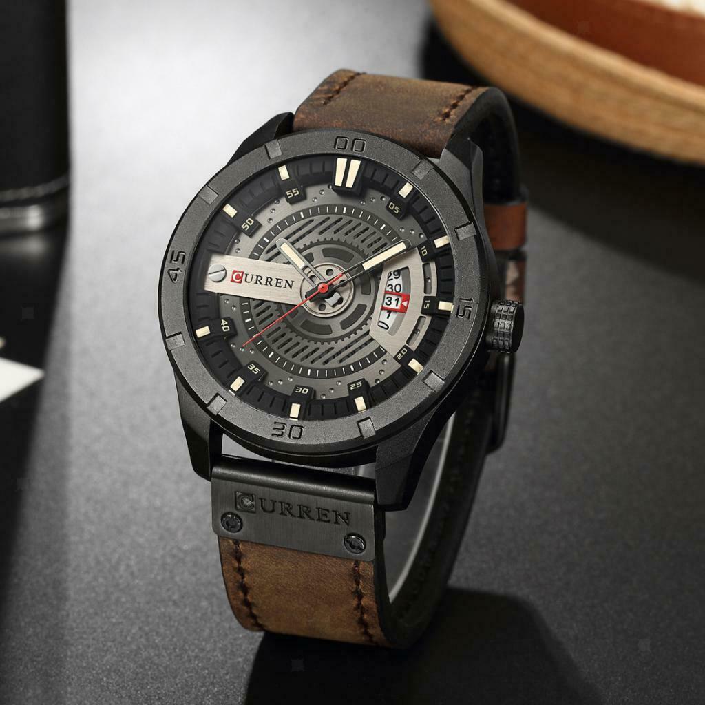 Men watch calendar watch waterproof business belt quartz watch Dark Brown