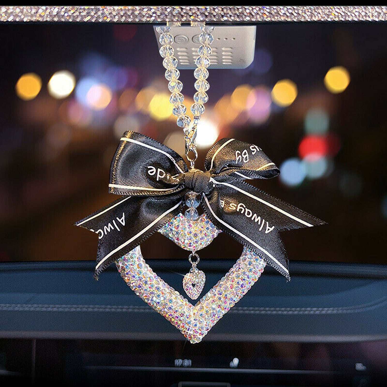 Car Pendant White Rhinestone Love Pattern Rear View Mirror Hanging Accessorie