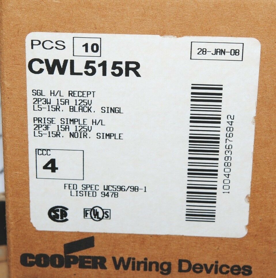 1pcs - COOPER CWL515R NEMA L5-15 15A 125V Twist Hart-Lock Locking Outlet Recept