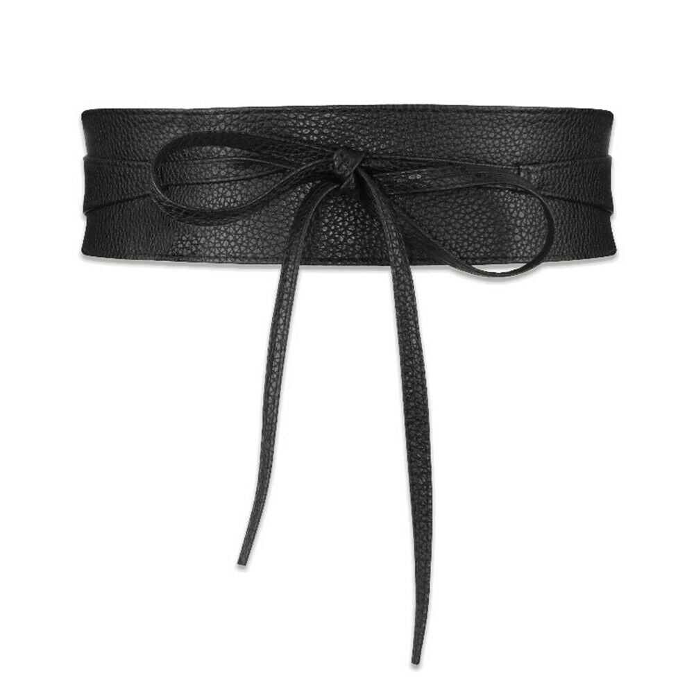 Faux Leather Wide Cinch Belt Waistband Lace Up Wrap Bowknot for Dress Black #ur3