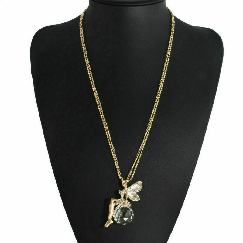 Fashion Women Crystal Fairy Angel Wing Pendant Long Chain Sweater Necklace Gift