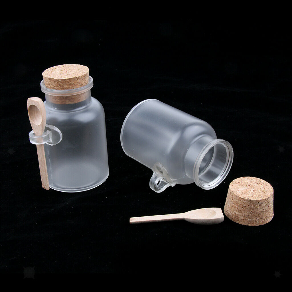 2 Pcs Bath Salt Bottle Wood Spoon Round Cosmetic Cork Jar Container 200g