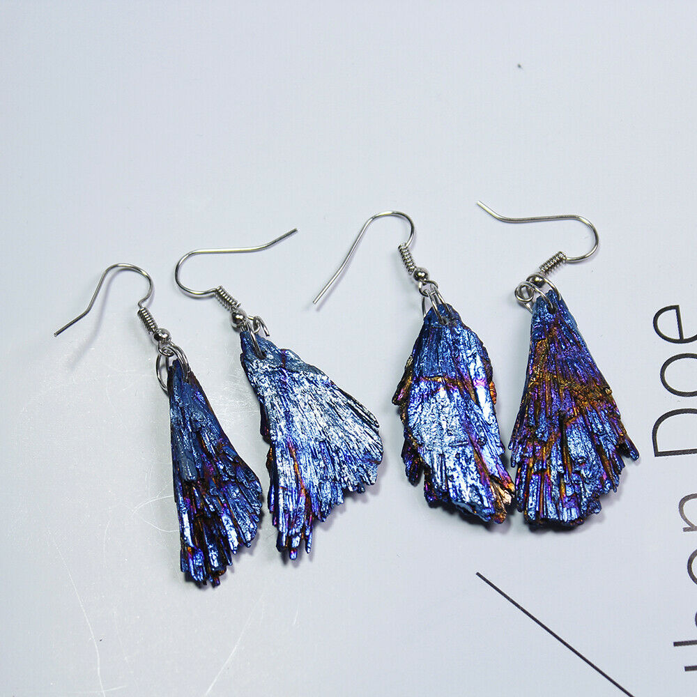 Pair Natural Titanium Rainbow Quartz Earrings Irregular Broom Shape Dangle Hoop