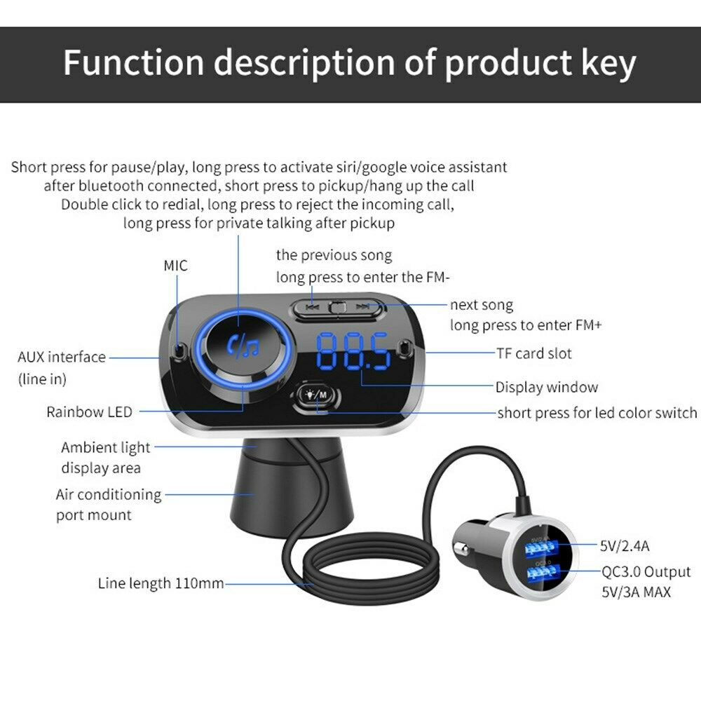 QC3.0 Bluetooth FM Transmitter Wireless Radio Adapter Car Mp3 Player CA