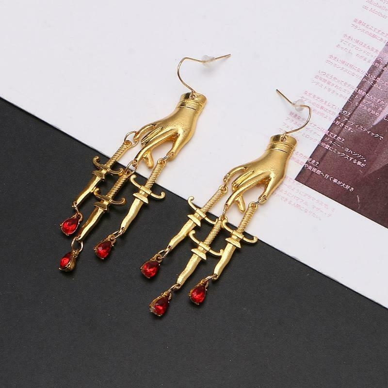 Golden Hand Dagger Drop Earrings Gothic Witchy Hand Red Crystal Dangle Earrings