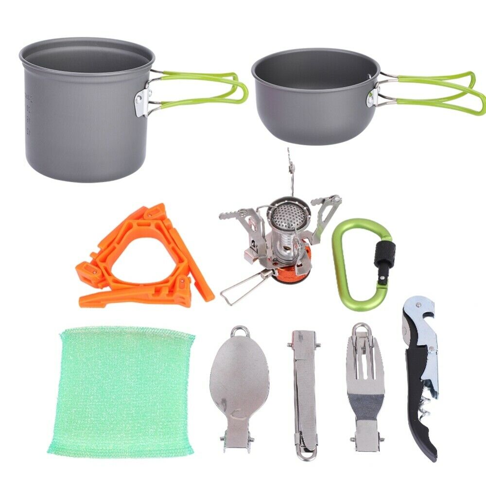 11Pcs Outdoor Camping Hiking Cookware Cooking Picnic Pot Pan Set For 1-2 Person