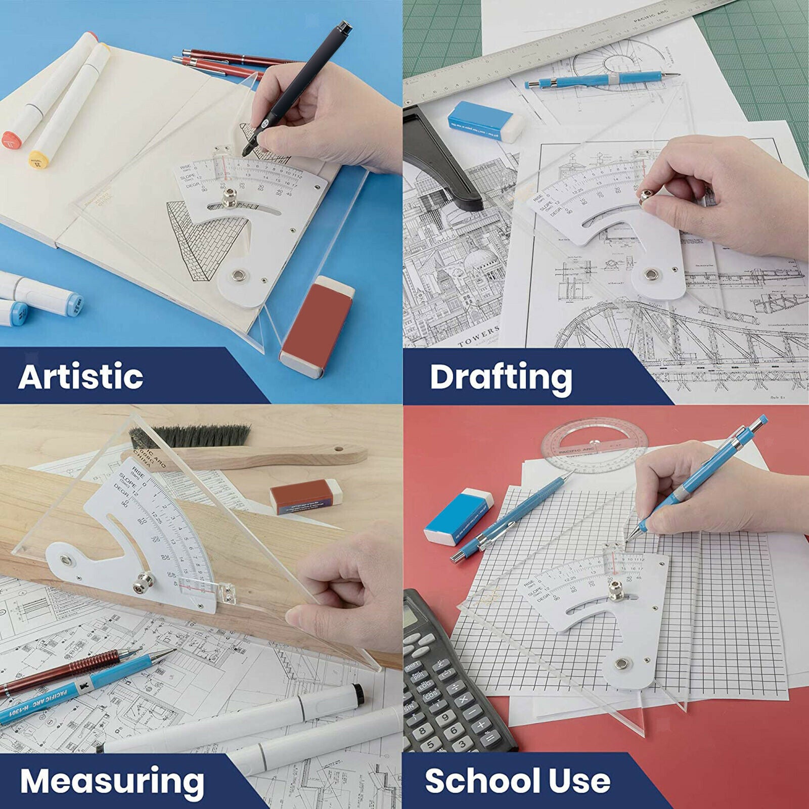 Drafting Triangle Ruler Adjustable Scale Architect Engineer Plain Edge