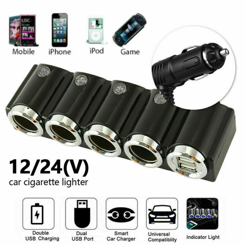 Multi 4 Way Car Cigarette Lighter Socket Splitter USB Plug Charger DC 12V-24V