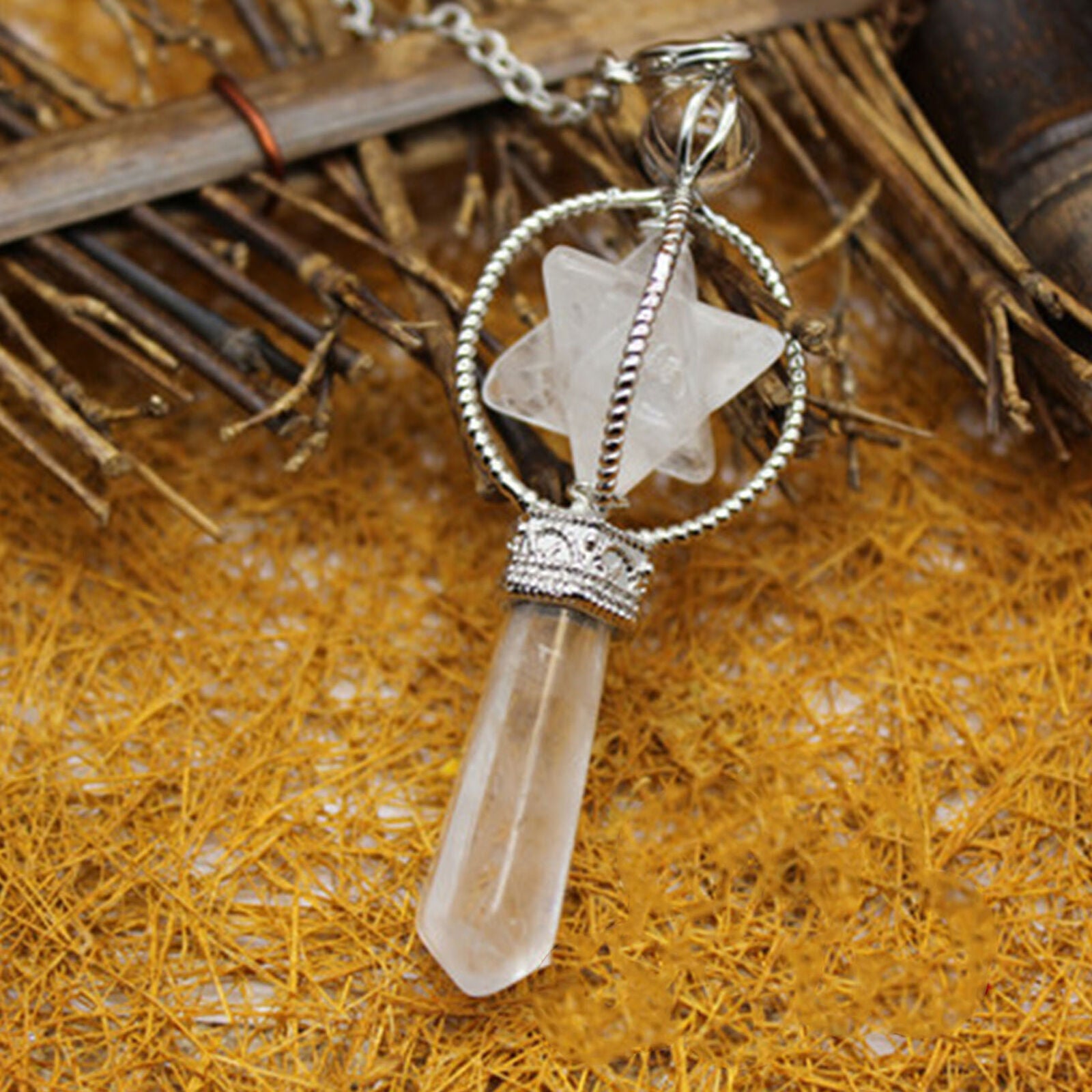 Rock quartz Stone Mer-Ka-Ba Pendulum Prism Magic Wand Energy Reiki Healing